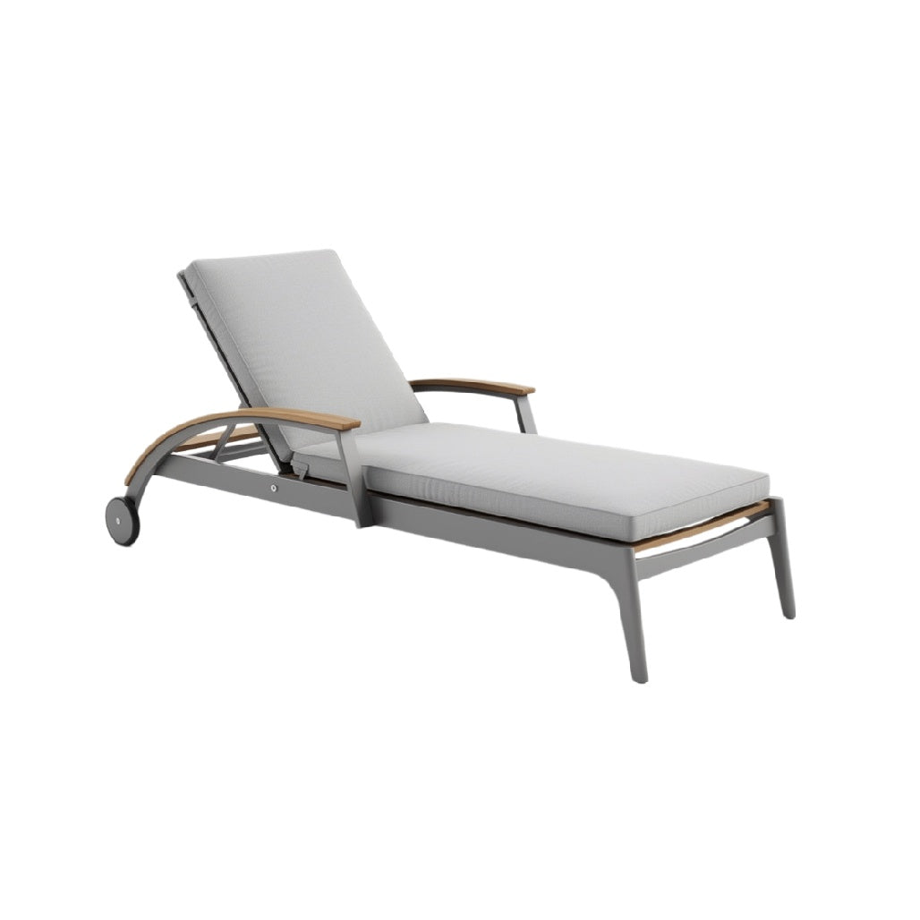Modern Adjustable Outdoor Chaise Lounge with Grey Cushions and Wooden Accent